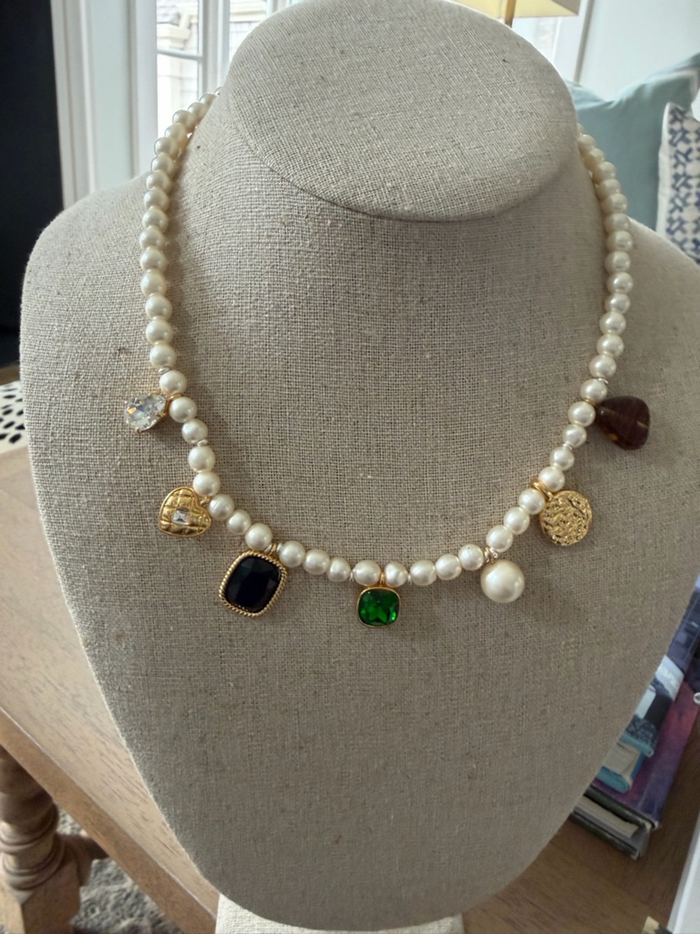 J. Crew White Pearl Necklace with Multicolor Gem Charms